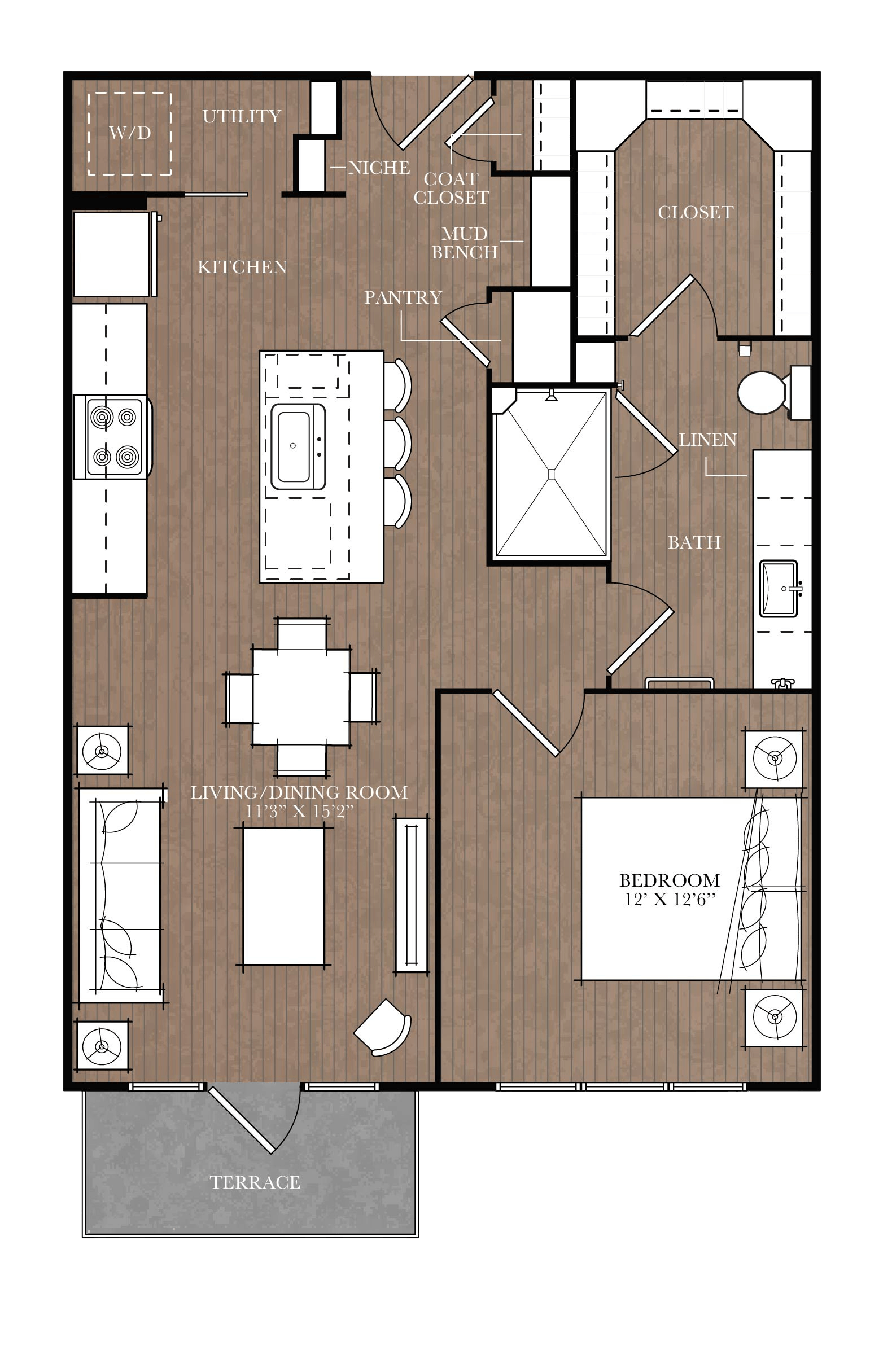 Floor plan for 1 bed, 1 bath, 742 sqft